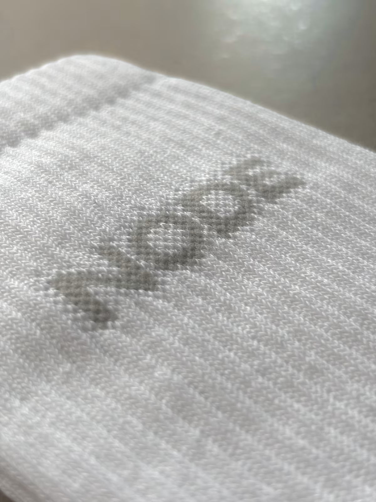 Close-up of a white sock with 'NODE' branding on a Grey background